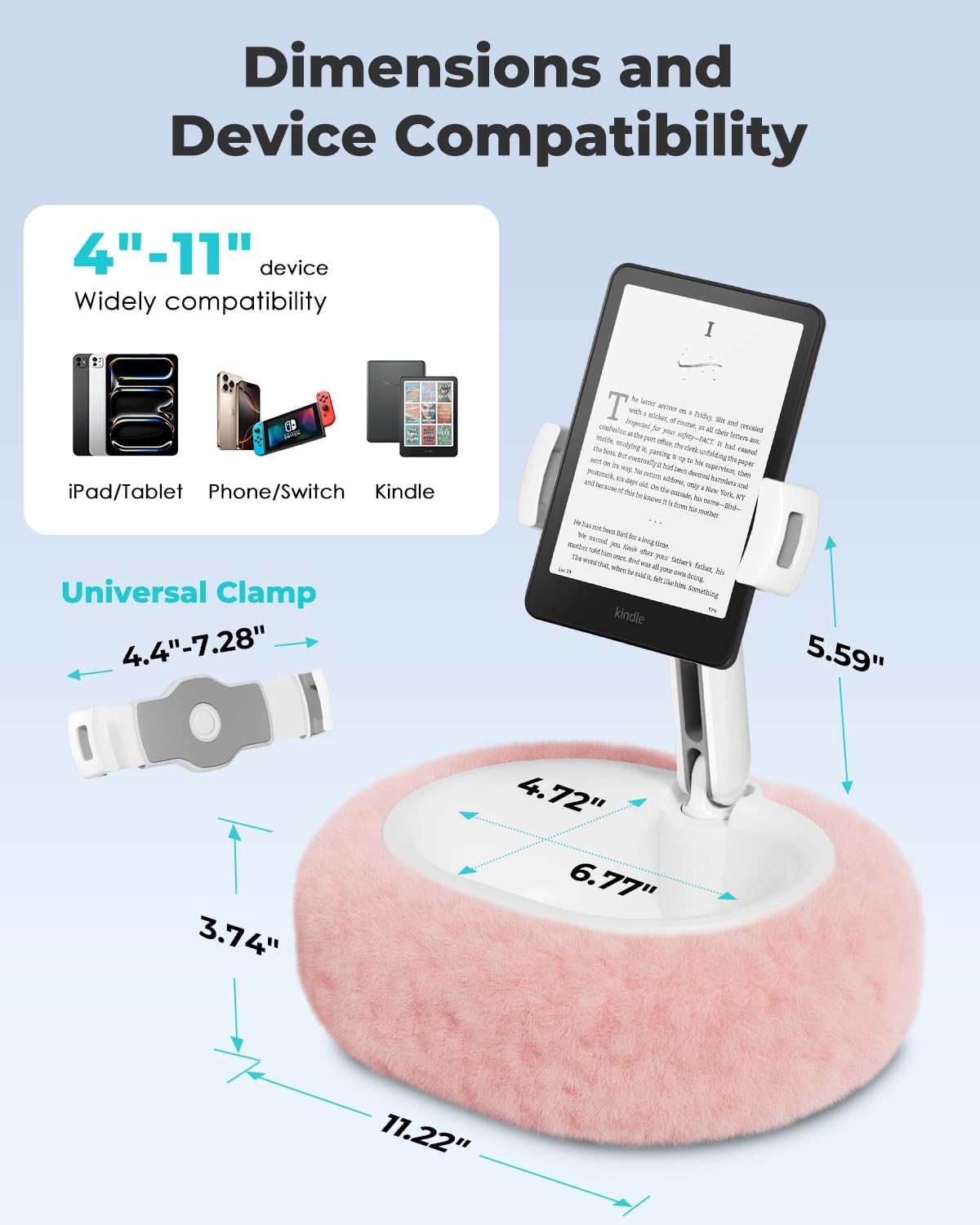 Versatile Pink Tablet & Kindle Pillow Stand - Perfect for Reading and Video Watching on Bed, Compatible with 4-11" Devices