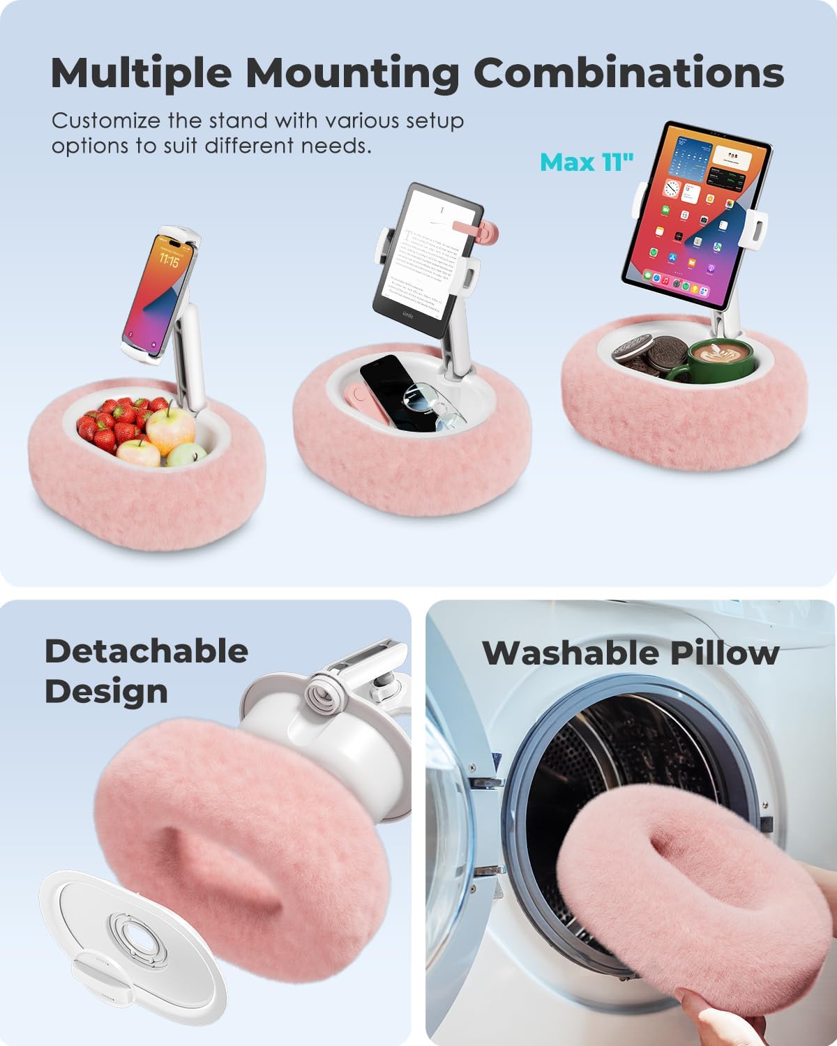 Versatile Pink Tablet & Kindle Pillow Stand - Perfect for Reading and Video Watching on Bed, Compatible with 4-11" Devices